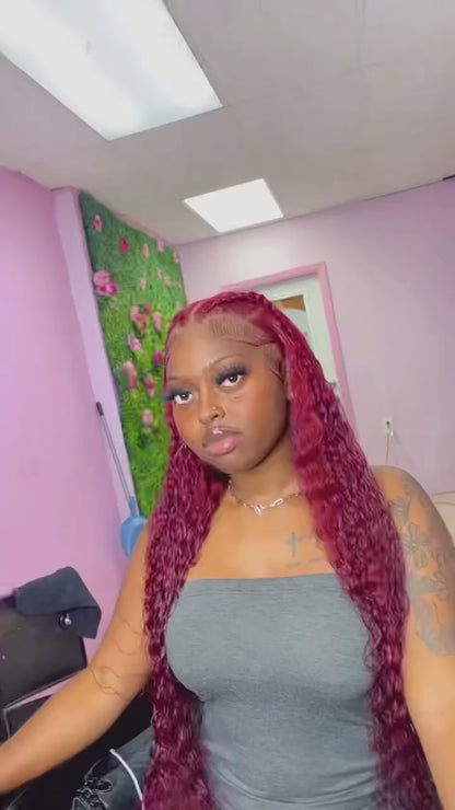 Perruque Lace Front Wig Naturelle Bouclée Bordeaux, Cheveux Humains, Deep Wave, Rouge 99J, 13x4, 13x6