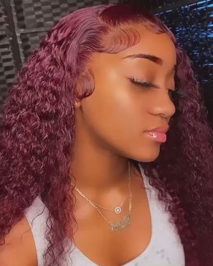 Perruque Lace Front Wig Naturelle Bouclée Bordeaux, Cheveux Humains, Deep Wave, Rouge 99J, 13x4, 13x6